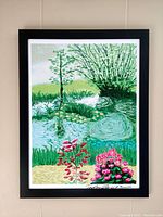 Frontal view of framed original pond scene painting showcasing colors and signature.
