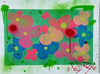 Close-up image showing bright colorful floral painting with artist's red signature on the bottom right corner and visible texture of watercolor paper.