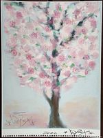 Photo showing entire "Love Tree" painting of a pink blossomed tree signed and dated 2022 by artist TedyZet.