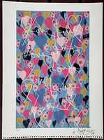 Close view of the colorful heart-themed abstract painting with white script lettering and artist signature in pencil on white border.