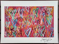 Front close-up of the colorful heart-themed painting with artist signature and edition number.