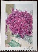 Close-up photo of the signed painting showing details of pink bougainvillea, green bench, and building wall.