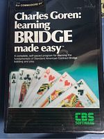 Front cover of the software package disk for Commodore 64 titled 'Charles Goren: Learning Bridge Made Easy' showing playing cards and CBS Software logo.