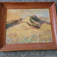 Full view of framed oil landscape painting titled 'Golden Hills' by R. Winston Sparrow depicting yellow/gold rolling hills.