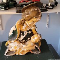 Front view of plaster Madonna and Child statue showing heavy paint distress.