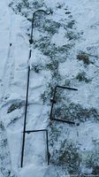 Full view of shepherd hook laying on snow with visible curved hook top and long pole