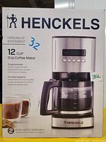 Front view of Henckels coffee maker box showing product image, features, and branding.