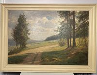 Frontal view of framed oil painting showing landscape scene with trees, meadow and sky