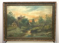 Full view of the signed oil painting depicting a rural landscape with houses, a stream, and a figure walking on a path.