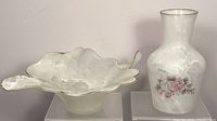 Front view of vintage Arte Murano glass vase and bowl showing white marbled texture and floral pattern on vase