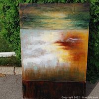 Front view of the abstract painting showing the multi-color textured surface and brush marks.