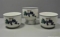 Three white ceramic bowls with blue rim and black currant motif, showing front and slight angle views highlighting the design and flaw on one bowl.