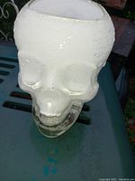 Front view of clear glass skull with open top showing internal hollow and detailed facial features.