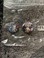 Front view of two Star Wars collectible pins in a plastic bag on carpet. One pin with multiple character scene and the other with Star Wars logo and characters.