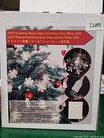 Box showing product details: 10 foot Christmas string lights with snowflake design, clear white LEDs, USB powered, with multilingual text and images of snowflake light and USB plug.