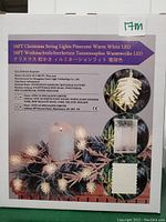 Box packaging showing details including 16 ft length, pinecone shaped warm white LED string lights, battery powered, multilingual product description, and brand info.