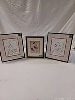 Three framed pen and ink sketches by Michael and Anna Allen displayed together, showing varied sizes and artistic styles.