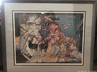 Full view of the framed watercolor print artwork depicting a cowboy and animals in layered imagery with earthy tones.