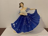 Front view of the Royal Doulton Elaine figurine showing the flowing electric blue gown and white fan held by the figure.