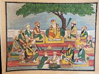 Full view of painting showing all ten Sikh Gurus beneath a spreading tree