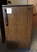 Closed front view of Sanyo mini fridge with wood grain finish and black handle on left side.