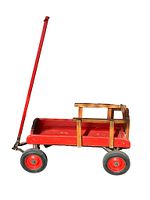Front angle view of antique red wooden wagon with wooden side rails and pull handle showing red wheels and condition.
