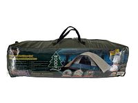 Green carry bag containing the tent, with a plastic wrapped label depicting the tent and product details.