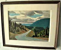 Frontal view of the framed oil painting showing river valley landscape and white mat