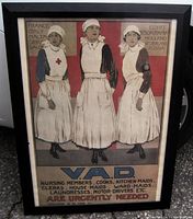 Full view of framed recruitment poster for Voluntary Aid Detachment nurses with three figures depicted and recruitment text.