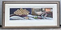 Framed horizontal oil painting of still life by Cecilia Mayr with flowers, fruits, and chair background.