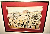 Front view of vintage framed J S Lowrey Mersey Seaside 1943 art print depicting a crowded beach and seaside scene with boats and people.