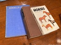 Three hardcover horse books arranged on wooden surface, showing dust jacket and cover titles.