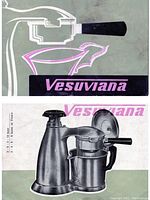 Artwork and manual illustration of Vesuviana espresso maker showing assembled unit and branding