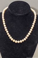 Full view of the pearl necklace displayed on a black bust showcasing the pearl strand length and design.