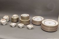 Overall view of all stacked plates, cups and saucers in group
