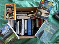 Top box view showing various French books including 'Guide Pratique de l'Alimentation', 'Le Papineau', 'La chambre', and 'La Voile de la Peur'.