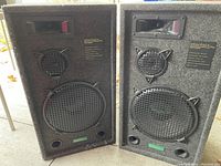 Two large Grafdale Pro Series speakers standing upright showing front view with speaker grills and labels.