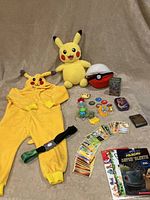 Full lot overview with plush, pajamas, disks in Pokéball, cards, books, tins, card sleeves, tattoos, and toys arranged for clear visibility.