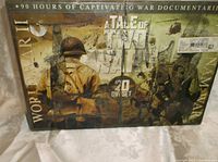 Front view of the unopened DVD set showing artwork of soldiers and text describing the contents as World War II and Vietnam War documentaries, 20 DVD set, 90 hours.
