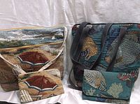 Two sets of tapestry handbags and matching wallets, beach umbrella design and fish/coral design