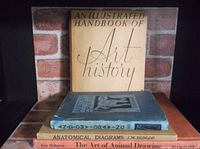 Photo showing four stacked vintage books: 'An Illustrated Handbook of Art History,' 'Anatomical Diagrams' by J.M. Dunlop, 'The Art of Animal Drawing,' and one with Asian script possibly related to drawing.