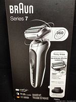Front view of Braun Series 7 shaver box showing model and features including 360° flex, AutoSense technology, lithium-ion battery, and precision trimmer.