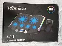 Photo of Topmate C11 RGB gaming cooler box featuring image of cooling pad with five illuminated blue fans.