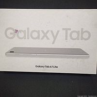 Closed retail box showing Galaxy Tab A7 Lite branding.
