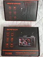 Box packaging for DEPSTECH DS300 industrial endoscope showing key features including 4.3" FHD IPS screen, 7mm semi-rigid cable, 5MP camera, phone/PC connection, LED lights, and waterproof design.