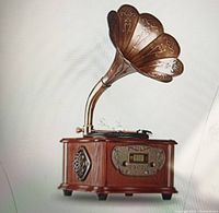 Assembled phonograph on white background showing wood base, front digital interface and attached copper-tone horn