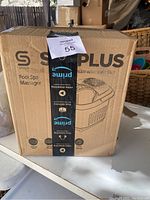 Front of cardboard packaging showing Sejoy Plus Foot Spa Massager with feature soak salt, boxed new product.