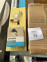 Boxed Moen Bradshaw rubbed bronze robe hook, Moen glass shelf with extension rod, other boxed items and a cardboard box.