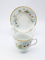 Teacup and saucer set displayed with the saucer standing behind the cup, showing floral design and gold trim on edges.