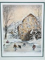 Close-up of the limited edition print showing the winter scene with children skating, signed and numbered by Gerald Topolinsky.